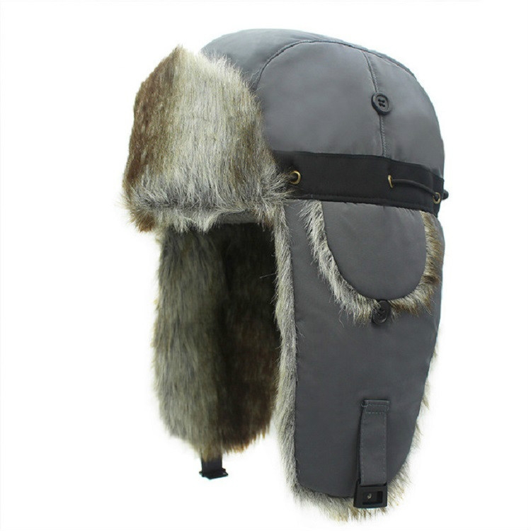 Winter Outdoor Padded Adjustable Head Circumference Ski Hat Warm Ear Protected Cap Flight Hats (Gray Brown Fur)