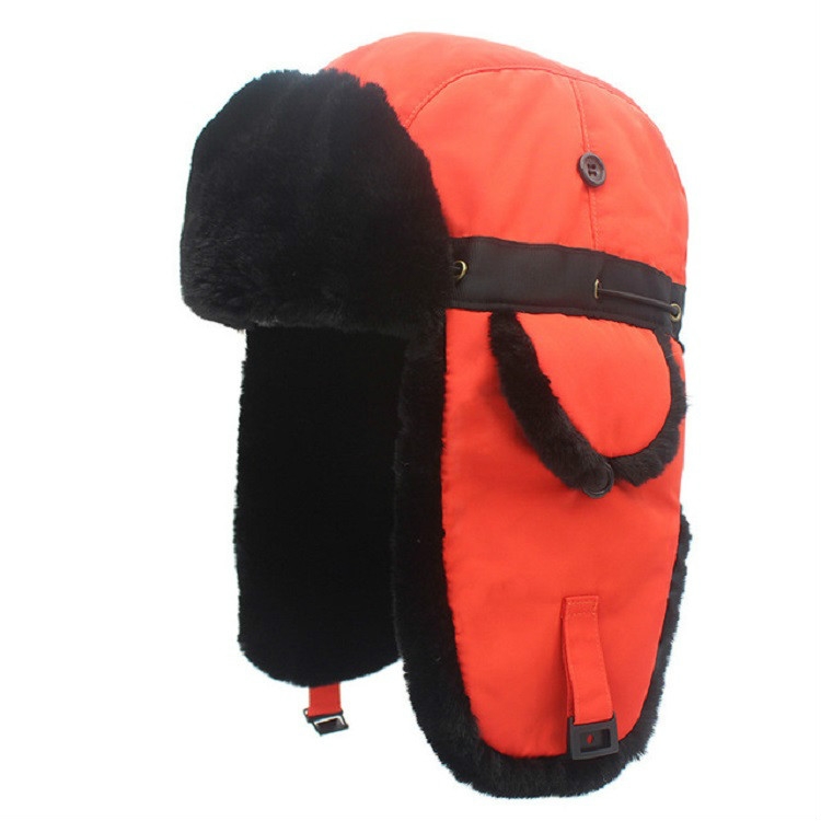 Winter Outdoor Padded Adjustable Head Circumference Ski Hat Warm Ear Protected Cap Flight Hats (Orange Black Fur)
