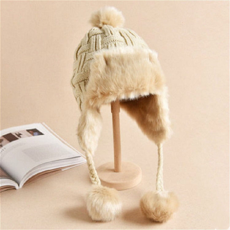 Winter Plus Velvet Knitted Wool Hat Bomber Cap Flight Hat, Size:M (56-58cm)(Beige)