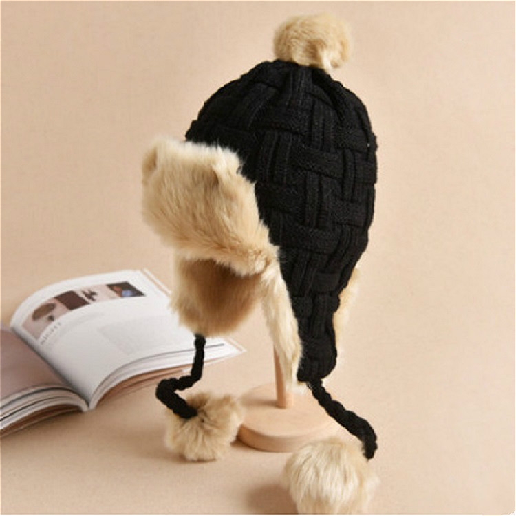 Winter Plus Velvet Knitted Wool Hat Bomber Cap Flight Hat, Size:M (56-58cm)(Black)