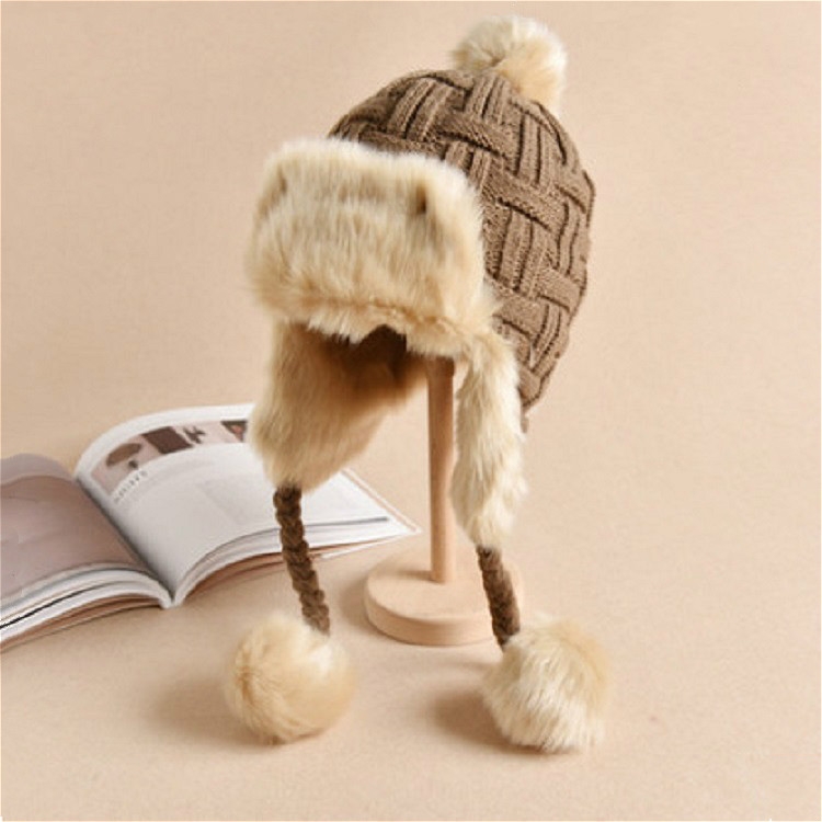 Winter Plus Velvet Knitted Wool Hat Bomber Cap Flight Hat, Size:M (56-58cm)(Khaki)