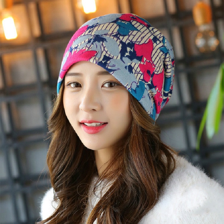 Women Autumn and Winter Wild Turban Hat Scarf Dual Purpose Confinement Cap, Size:One Size(Peony Color 3)