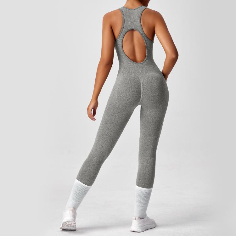Women Backless Long Yoga Bodysuit with Front Zipper - Waist Cinching & Hip Lifting for Running, Fitness, Workout, Size: M(Gray)