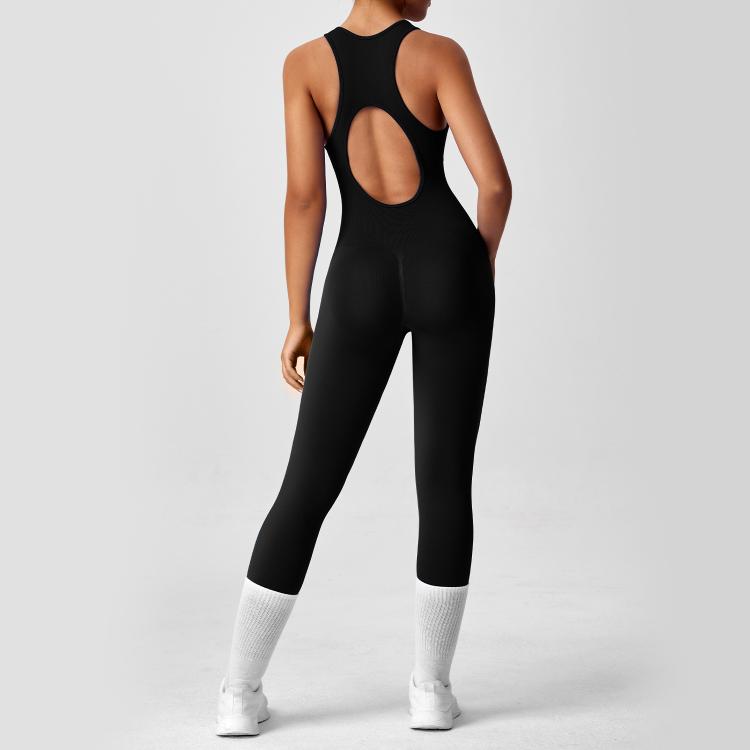 Women Backless Long Yoga Bodysuit with Front Zipper - Waist Cinching & Hip Lifting for Running, Fitness, Workout, Size: S(Black)