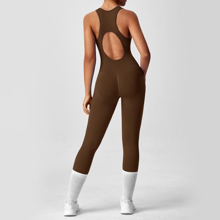 Women Backless Long Yoga Bodysuit with Front Zipper - Waist Cinching & Hip Lifting for Running, Fitness, Workout, Size: S(Coffee)