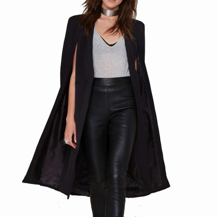 Women Casual Cape Unbuttoned Shawl Coat(Color:Black Size:S)