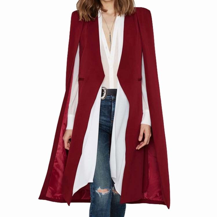 Women Casual Cape Unbuttoned Shawl Coat(Color:Red Size:L)