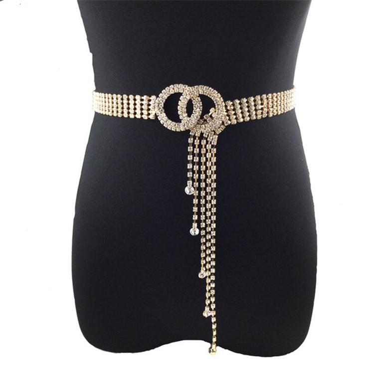 Women Double Loop Shape Diamond Belt Waist Chain, Length:120cm(Gold)