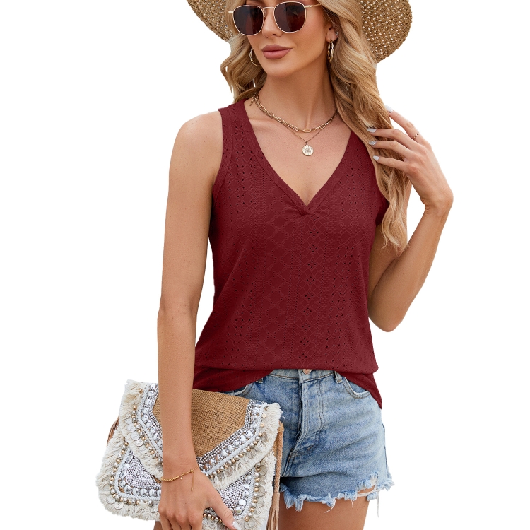 Women Eyelet Tank Tops Solid Color V-Neck Loose Fit Bottoming Vest T-Shirt, Size: L(Wine Red)