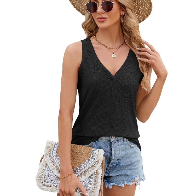 Women Eyelet Tank Tops Solid Color V-Neck Loose Fit Bottoming Vest T-Shirt, Size: M(Black)