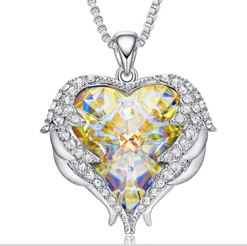 Women Fashion Angel Wings Crystals Heart Necklaces(AB Color White)