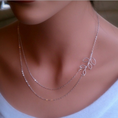 Women Fashion Lovely Chic Long Silver Sweater Chain Pendant Necklaces(Leaf double chains)