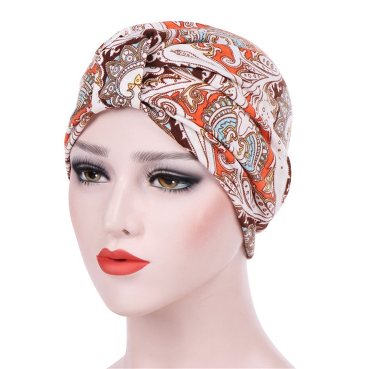 Women Floral Cotton Turban Hat Wrap Cap, Size: M(56-58cm)(Beige Cashew Flower)