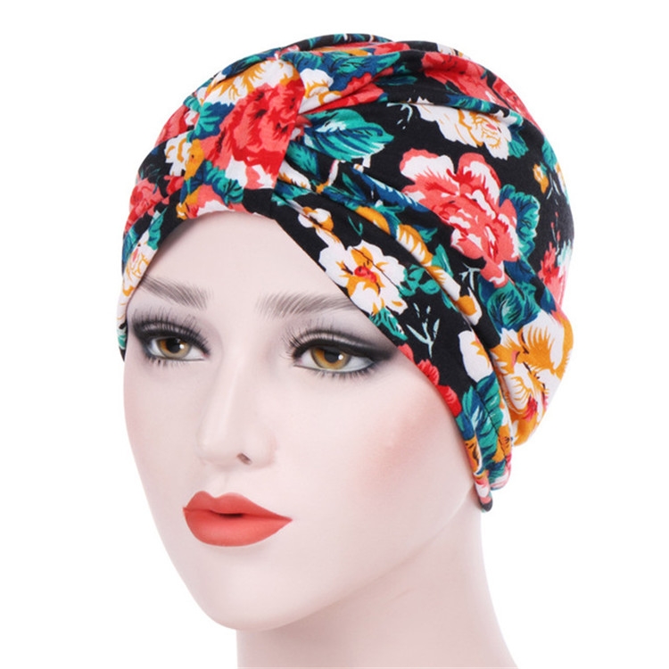Women Floral Cotton Turban Hat Wrap Cap, Size: M(56-58cm)(Big Red Flower On Black)