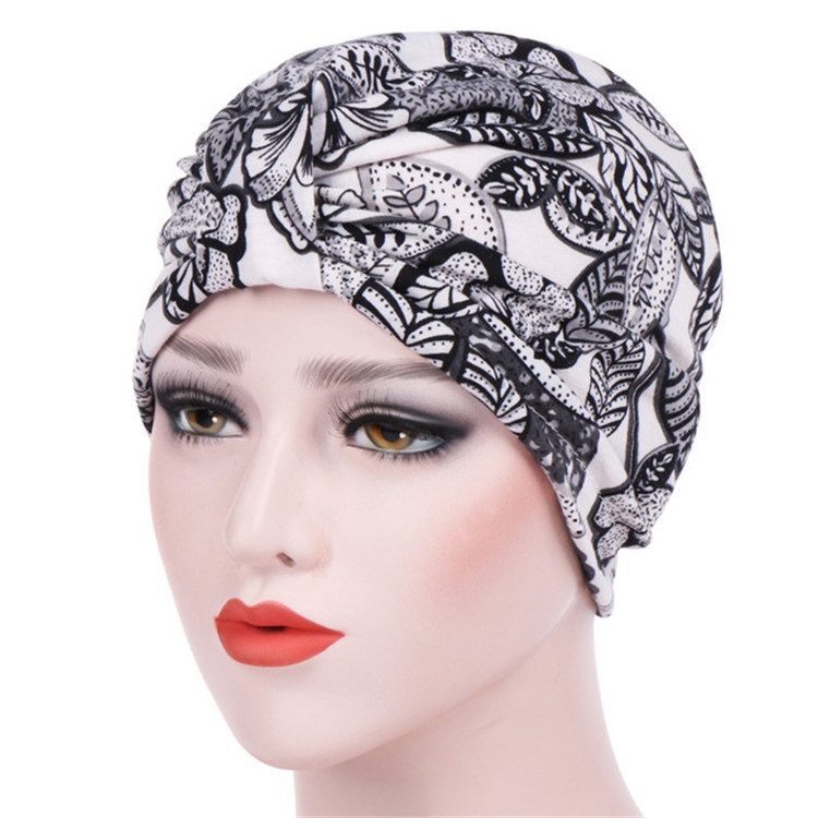 Women Floral Cotton Turban Hat Wrap Cap, Size: M(56-58cm)(Black Leaves)