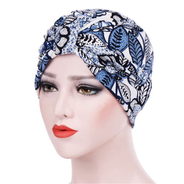 Women Floral Cotton Turban Hat Wrap Cap, Size: M(56-58cm)(Blue Leaves)