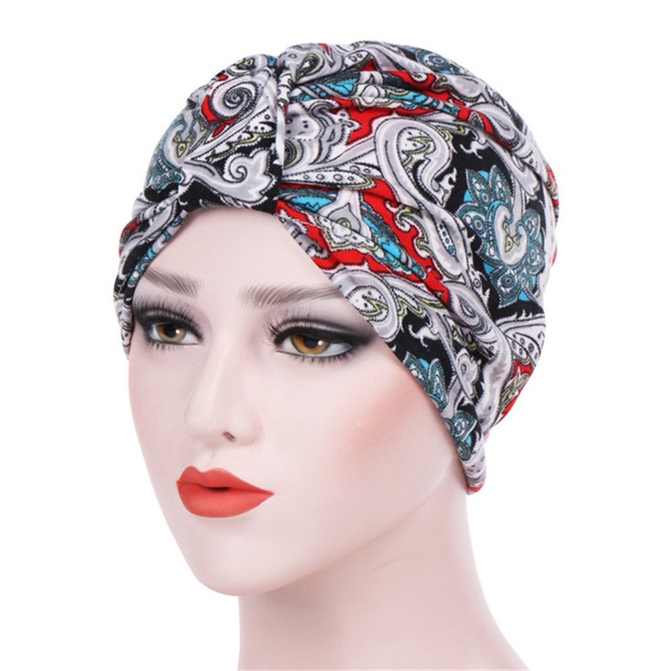 Women Floral Cotton Turban Hat Wrap Cap, Size: M(56-58cm)(Grey Cashew Flower)