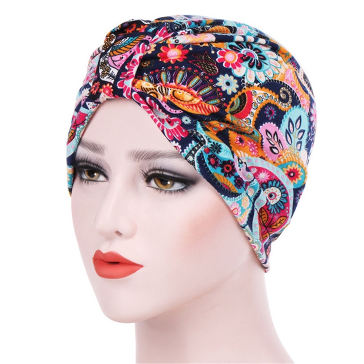 Women Floral Cotton Turban Hat Wrap Cap, Size: M（56-58cm）(Navy Blue Cashew Flower)