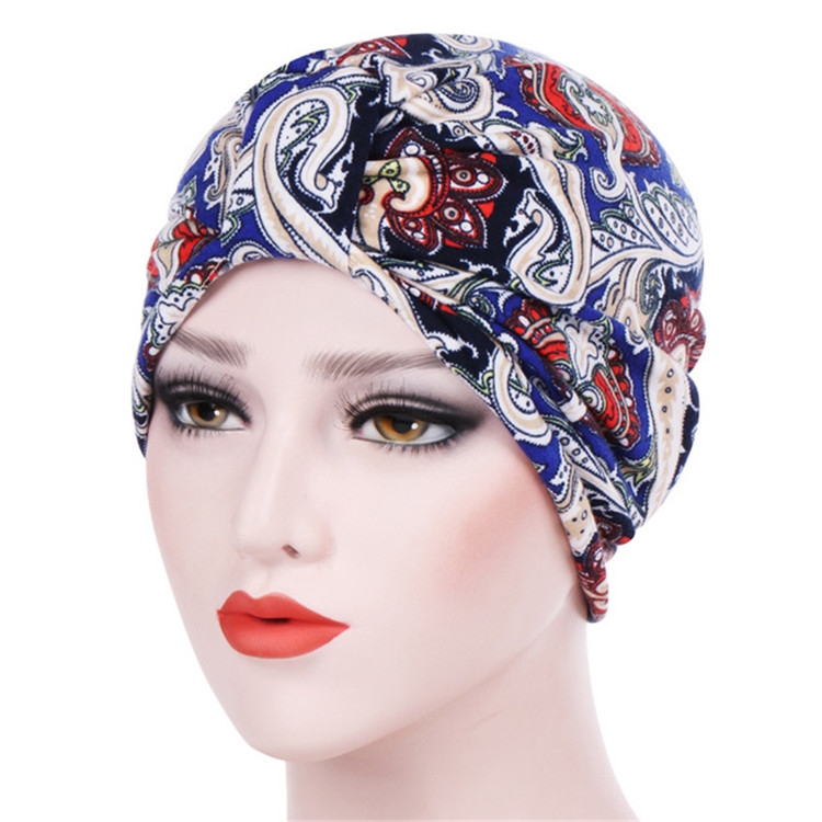 Women Floral Cotton Turban Hat Wrap Cap, Size: M(56-58cm)(Royal Blue Cashew Flower)