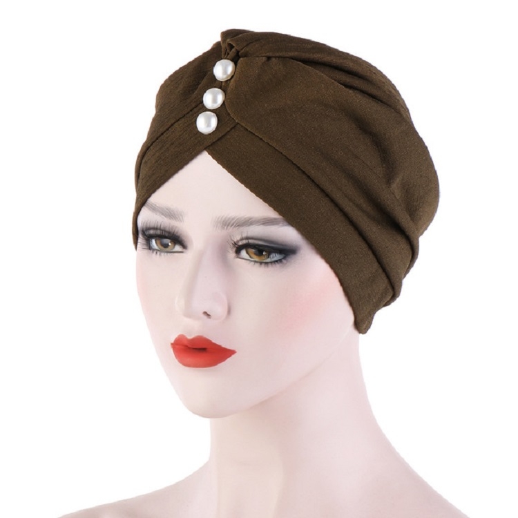 Women Forehead Fold Pearl Decorative Hooded Cap Turban Hat, Size:One Size(Army Green)