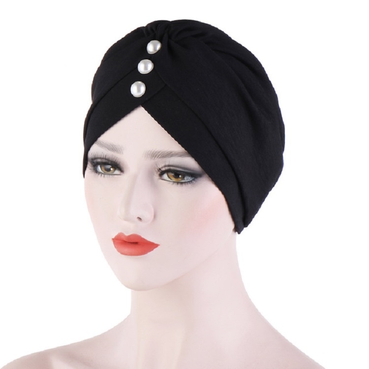 Women Forehead Fold Pearl Decorative Hooded Cap Turban Hat, Size:One Size(Black)