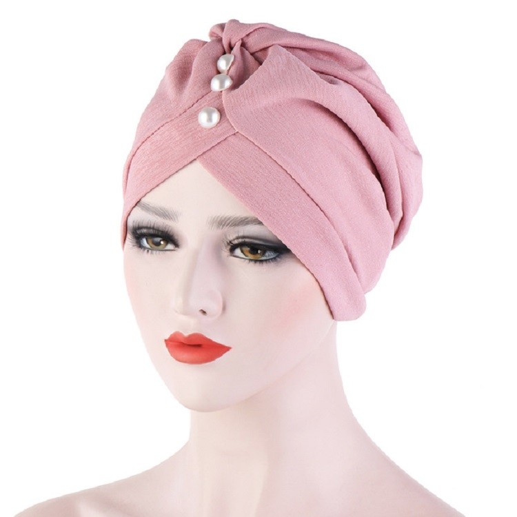 Women Forehead Fold Pearl Decorative Hooded Cap Turban Hat, Size:One Size(Hide Powder)