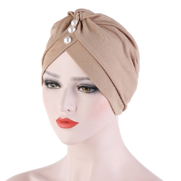 Women Forehead Fold Pearl Decorative Hooded Cap Turban Hat, Size:One Size(Khaki)