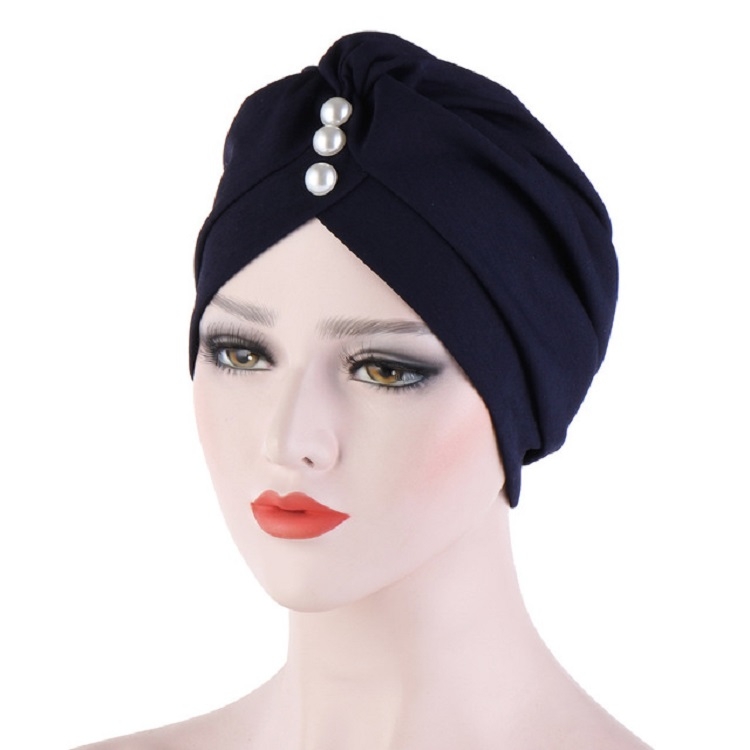 Women Forehead Fold Pearl Decorative Hooded Cap Turban Hat, Size:One Size(Navy)