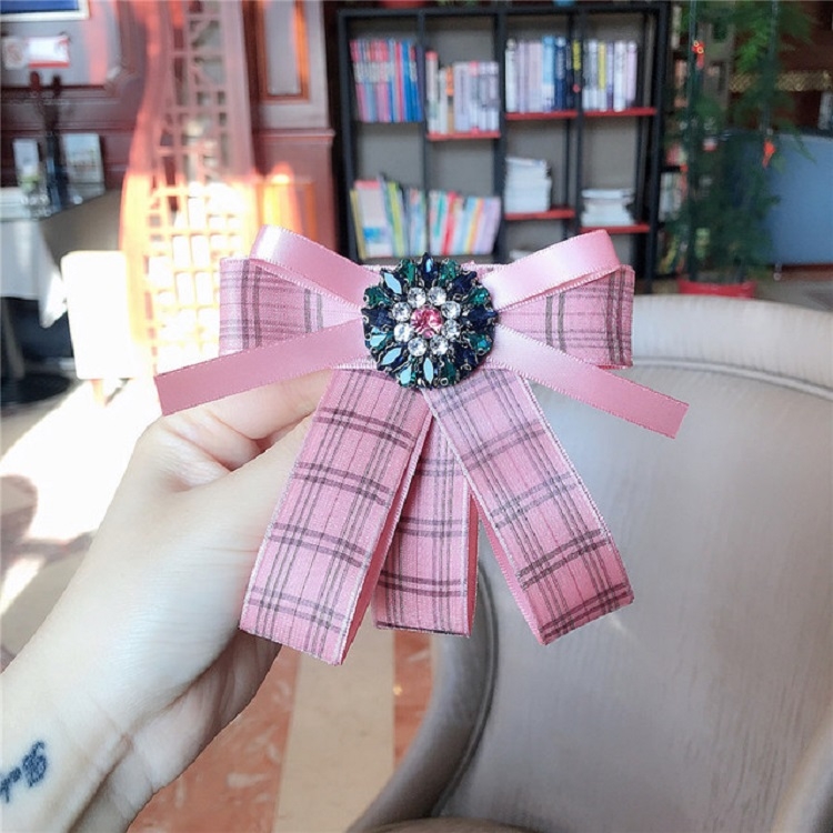 Women Fresh Plaid Bow Tie Diamond Bow-knot Brooch Shirt Accessories(Pink)