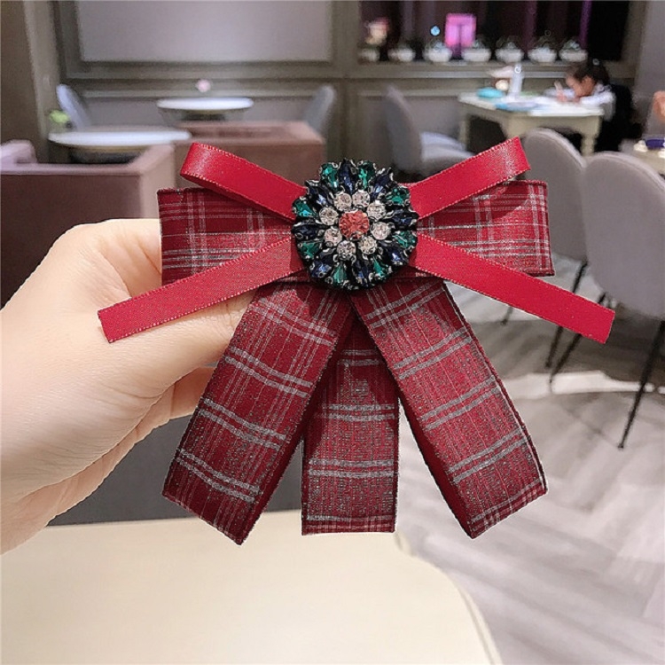 Women Fresh Plaid Bow Tie Diamond Bow-knot Brooch Shirt Accessories(Red)
