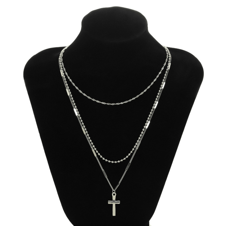 Women Handmade Multi Chains Cross Pendant Necklace(Silver)