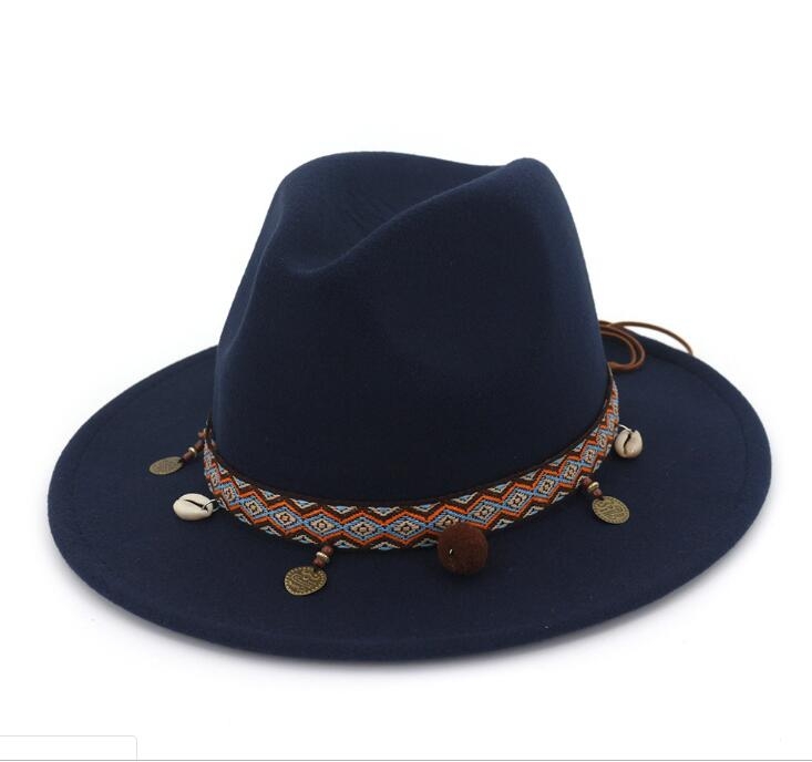 Women Jazz Caps Bohemia Style Woolen Hats for Spring Summer Beach(Dark -blue)
