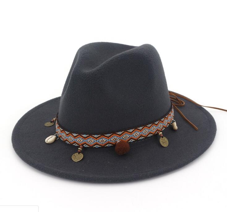Women Jazz Caps Bohemia Style Woolen Hats for Spring Summer Beach(Dark gray)