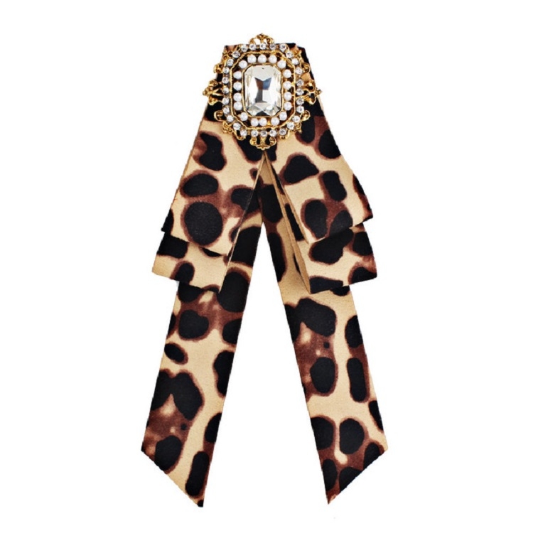 Women Leopard Bow-knot Bow Tie Large Pearl Retro Brooch(Brown)