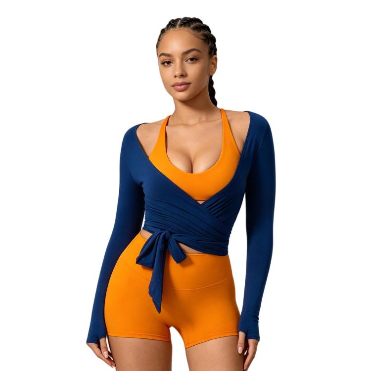 Women Long-Sleeve Slim-Fit Yoga Top, Quick-Dry Pilates Fitness Shirt Sports Cover-Up, Size: L(Dark Blue)