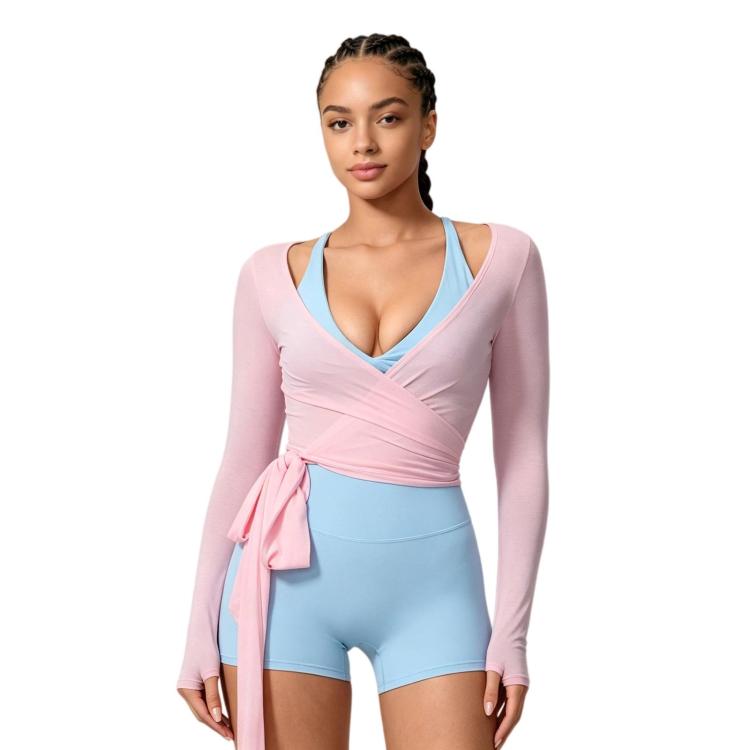 Women Long-Sleeve Slim-Fit Yoga Top, Quick-Dry Pilates Fitness Shirt Sports Cover-Up, Size: L(Pink)