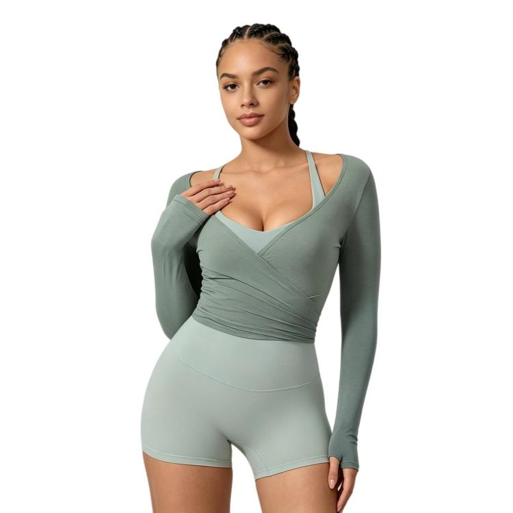 Women Long-Sleeve Slim-Fit Yoga Top, Quick-Dry Pilates Fitness Shirt Sports Cover-Up, Size: M(Green)
