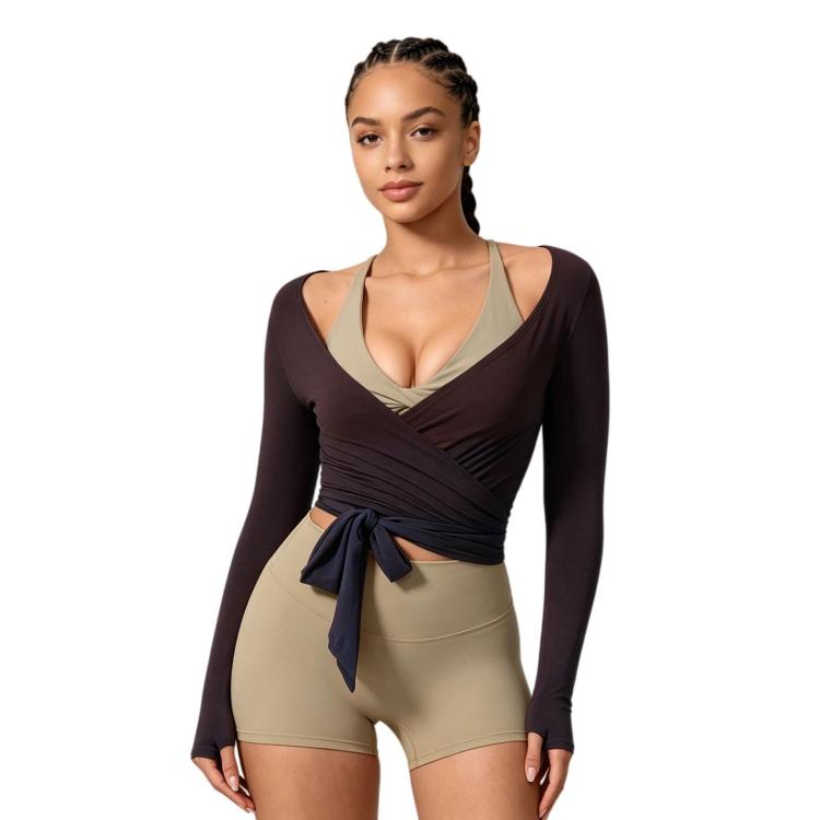 Women Long-Sleeve Slim-Fit Yoga Top, Quick-Dry Pilates Fitness Shirt Sports Cover-Up, Size: S(Brown)