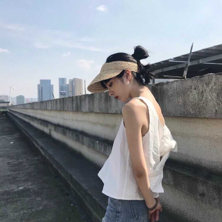 Women Outdoor Pasteable Adjustable Visor Straw Weaving Hat(Natural Color)