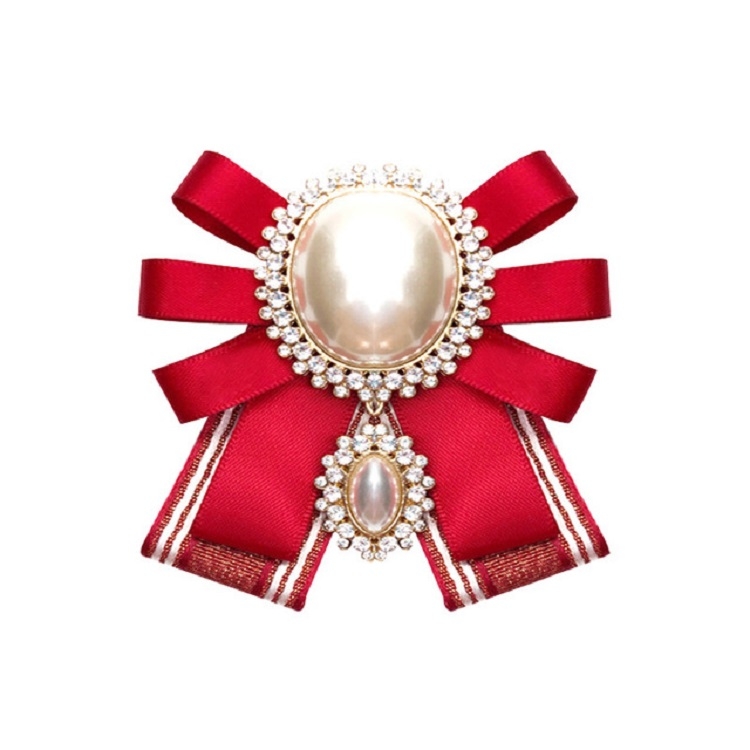 Women Pearl Bow-knot Bow Tie Cloth Brooch Clothing Accessories, Style:Pin Buckle Version(Red)