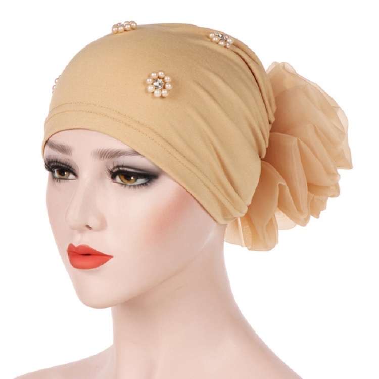 Women Personality Rear Flower Decoration Turban Hat Beaded Hooded Cap, Size:M (56-58cm)(Khaki)