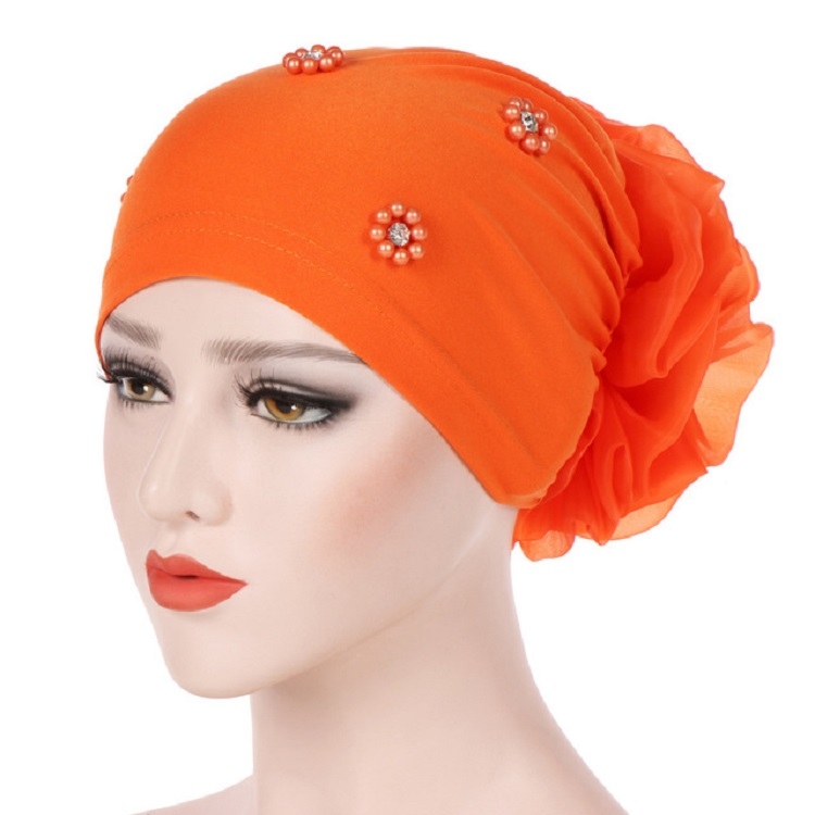 Women Personality Rear Flower Decoration Turban Hat Beaded Hooded Cap, Size:M (56-58cm)(Orange)