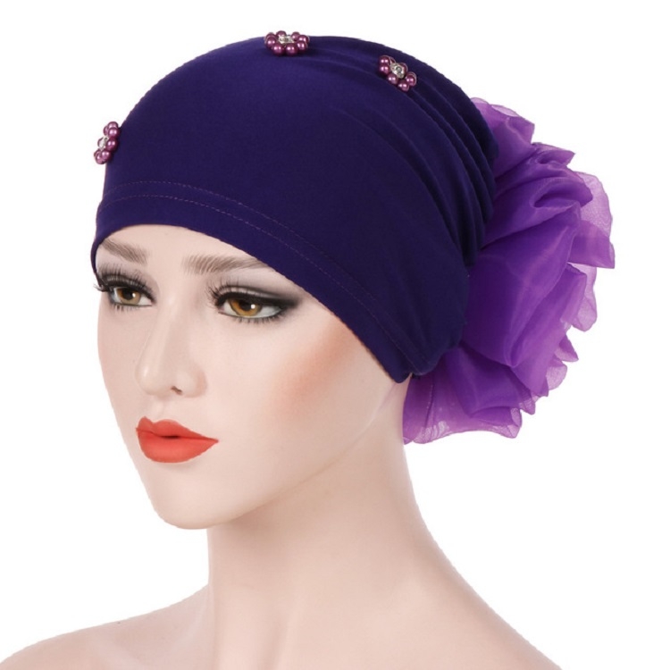 Women Personality Rear Flower Decoration Turban Hat Beaded Hooded Cap, Size:M (56-58cm)(Purple)