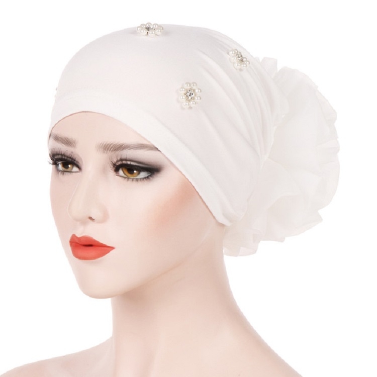 Women Personality Rear Flower Decoration Turban Hat Beaded Hooded Cap, Size:M (56-58cm)(White)
