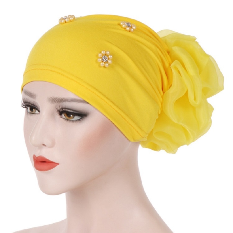 Women Personality Rear Flower Decoration Turban Hat Beaded Hooded Cap, Size:M (56-58cm)(Yellow)
