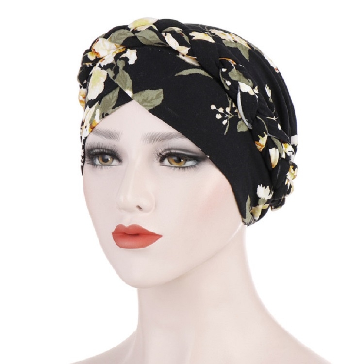 Women Printed Brushed Milk Silk Turban Hat Short Pullover Hat, Size:One Size(Black)