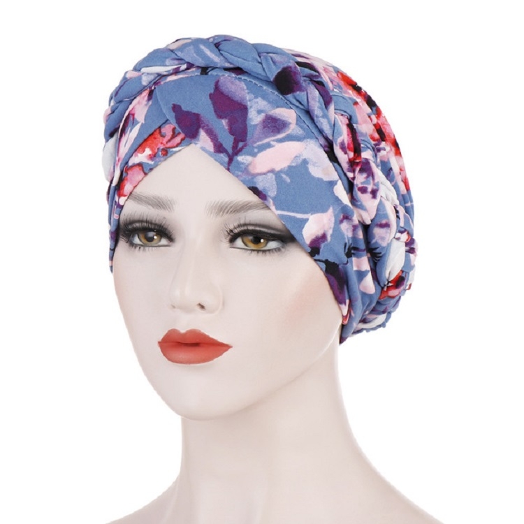 Women Printed Brushed Milk Silk Turban Hat Short Pullover Hat, Size:One Size(Lake Blue)