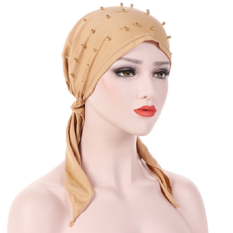 Women Pure Color Beaded Stretch Turban Hat Wrap Hat, Size: M(56-58cm)(Khaki)