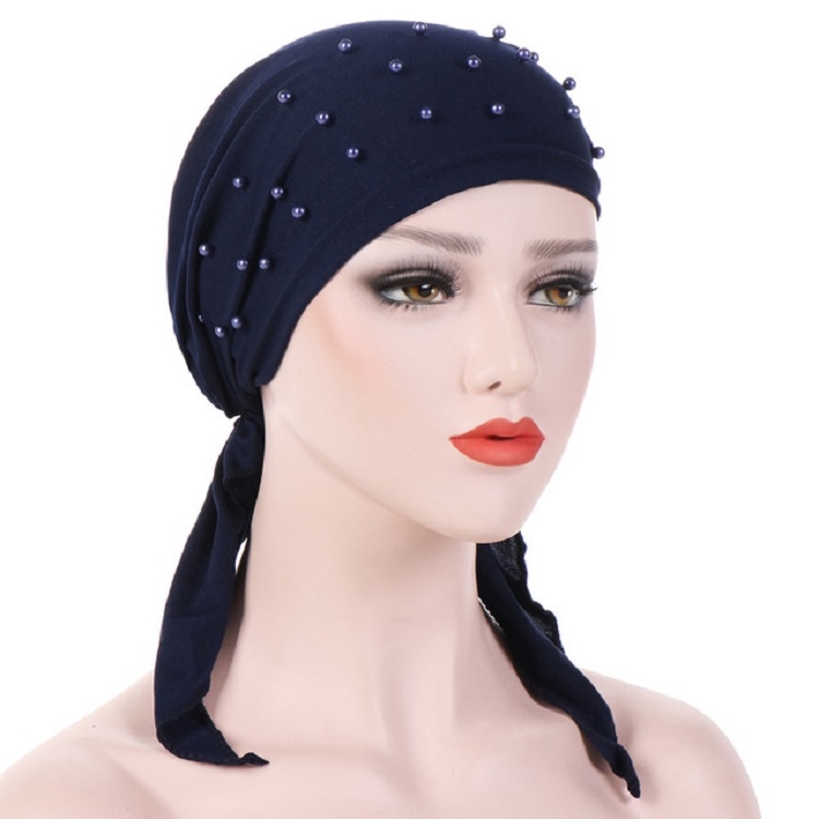 Women Pure Color Beaded Stretch Turban Hat Wrap Hat, Size: M(56-58cm)(Navy)