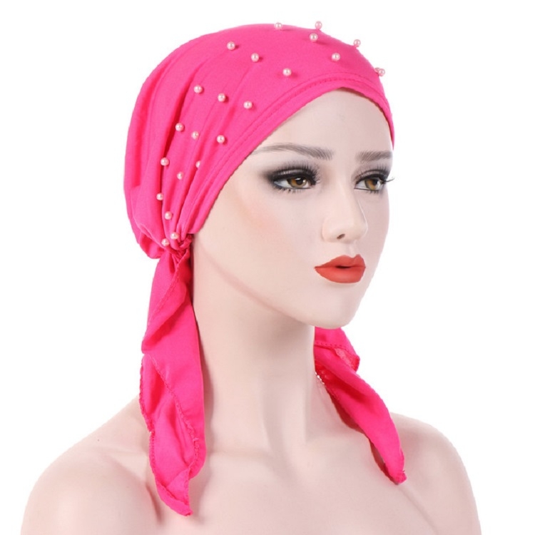 Women Pure Color Beaded Stretch Turban Hat Wrap Hat, Size: M(56-58cm)(Rose Red)